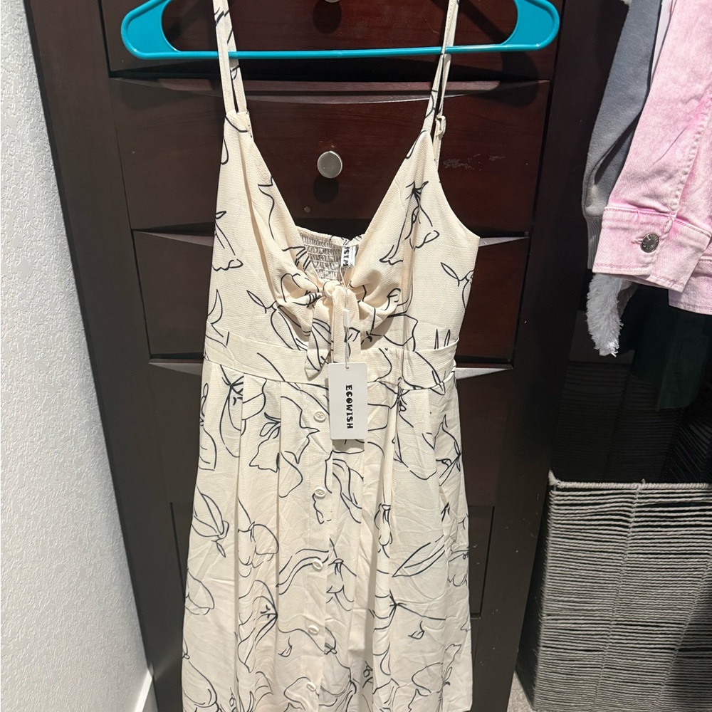 Cream Spaghetti Strap Dress with Black Abstract Print
